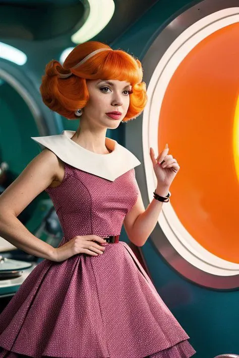 Generate an 8K hyper-realistic image of Christina hendricks like jet jetsons, hairstyle 70's, wearing jet jetsons dress violet and light violet, triangular white dress collar, dress double skirt, bracelet like metal ring IN THE HAND, white pearl tendrils, jet jetsons cut hairstyle, orange hair, adopting a visual style inspired by Wes Anderson, RED camera system to capture the scene with precision, Wes Anderson's characteristic symmetrical framing, vibrant color palette, and meticulous set design, Control lighting for soft, diffused shadows, aiming for a whimsical, nostalgic atmosphere, Prioritize capturing intricate details using the RED camera's high-resolution capabilities, The final image should seamlessly blend the futuristic elements of the Jetsons' world with Wes Anderson's distinct visual aesthetic, bad-picture-chill-75v, jane, ca45mv7-100