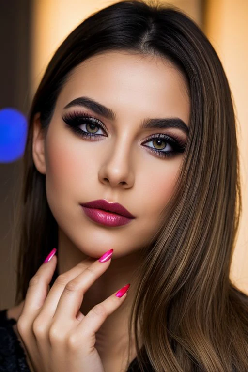 HDR photo of dark background, blurred lights in the background, smokey BREAK beautiful woman, model, beauty salon, makeup, modern woman in luxurious spa, mascara for long lashes, lipstick, eye shadow, shiny hair, manicure with nail polish . High dynamic range, vivid, rich details, clear shadows and highlights, realistic, intense, enhanced contrast, highly detailed