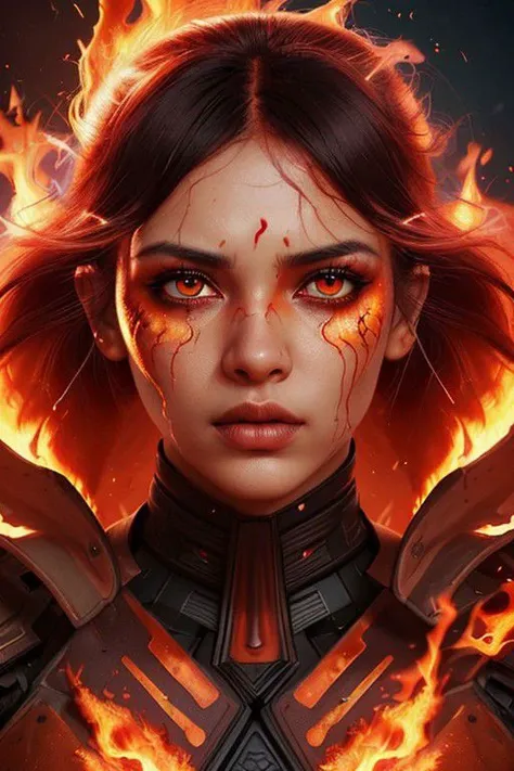 (Bold Pop:1.5), impactful color paint of a bangs haired woman in a cool style, RAW photo of an (Indian model:1.3). Woman, 24 years old, a macro-close-up of a woman's face with fire on her face, half of the face, fire in eyes, bright fire eyes, fire eyes, fiery eyes, red fire eyes, (cheekbones), fiery hair, thin nose, great digital art with details, face melting into the universe, fire particles in front, fire through eyes, highly detailed vfx portrait, glowing ember eyes, cinematic digital art, fire particles, fiery scorching red eyes.
