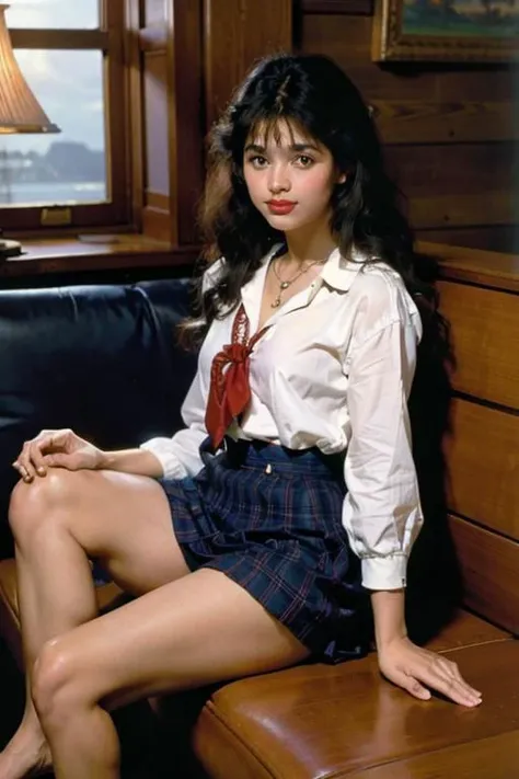 very cute youthful woman sitting on a couch. Nautical themed rec room. Wearing 1970s era sailor suit. Ship wheel on the wall. Long 1970s styled hair. Sultry expression. 70s era lamp. 70s wood paneling decor.  <ca45mv7-100>