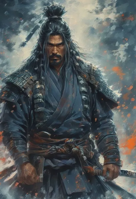 digital painting, 32k, 8K, high-resolution, 1man, mature Japanese man, samurai warrior, heavy armor, ((very intricate)), blue and white kimono with beautiful patern, shaded eyes that gaze, loose hair, belt, ((long braided hair)), blood stains, ((hood)), torn cape, muscular body, surrounded by skulls, muscular legs, walking towards viewer, dirty face, scar, flying ash, katanas, lines<lora:oneimage5:8:8:lbw=SDXL_OUTALL> indescribable,mysterious smoky fields on fire at the beginning of reality, dynamic pose.