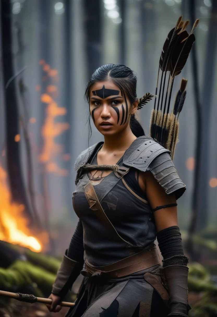 Raw photo, 8K, hi-resolution, 1girl, woman in musk tunic, leaves coat, black tribal paints on face, wood spiral helm, busty petite, dirty mud on body , torn tunic, , in forest, warrior pose, , at night, white fires around her, flying ash, bow&arrow, detailed, hyper realistic, angry expression, lines<lora:oneimage5:8:8:lbw=SDXL_OUTALL> indescribable,mysterious smoky forest on fire at the beginning of reality, dynamic pose.