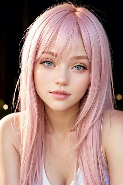 light pink hair, Youthful appearance, alivia alyn lind, head shot, Nighttime setting, Warm lighting, Atmospheric ambiance, Confident, Casual yet stylish pose, glossy lips, Relaxed facial expression, Posed for a photo, High-resolution textures, Realistic skin tones, Detailed facial features, Authentic lighting and shading