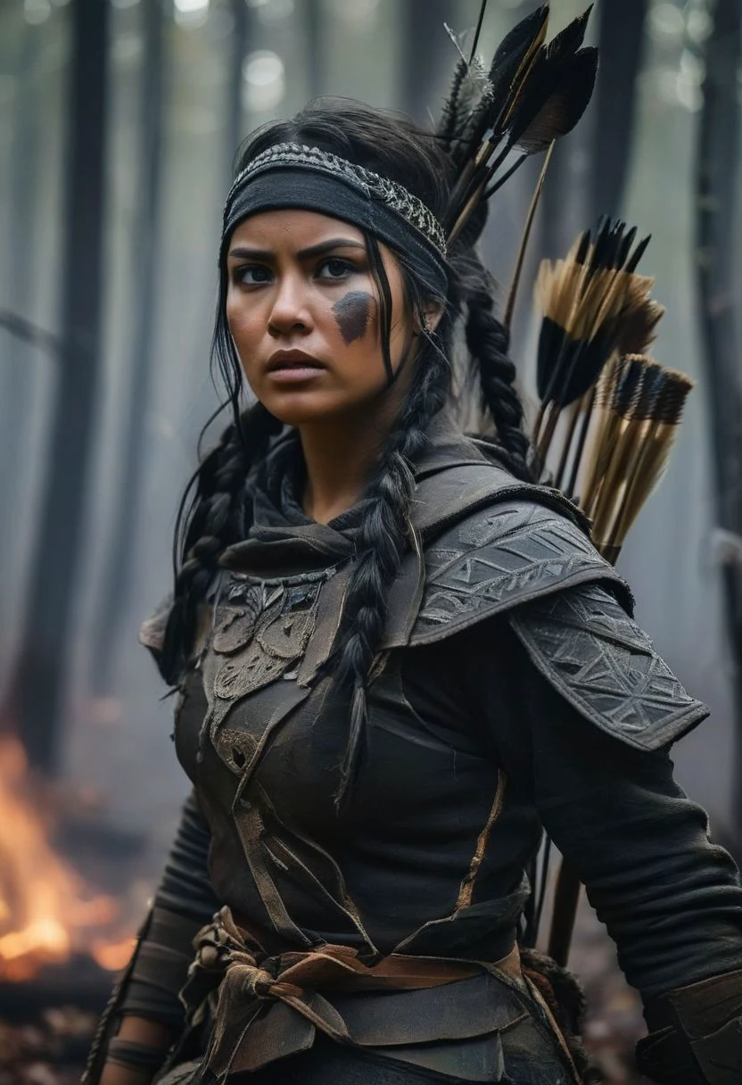 Raw photo, 8K, hi-resolution, 1girl, woman in musk tunic, leaves coat, black tribal paints on face, wood spiral helm, busty petite, dirty mud on body , torn tunic, , in forest, warrior pose, , at night, white fires around her, flying ash, bow&arrow, detailed, hyper realistic, angry expression, lines<lora:oneimage5:8:8:lbw=SDXL_OUTALL> indescribable,mysterious smoky forest on fire at the beginning of reality, dynamic pose.