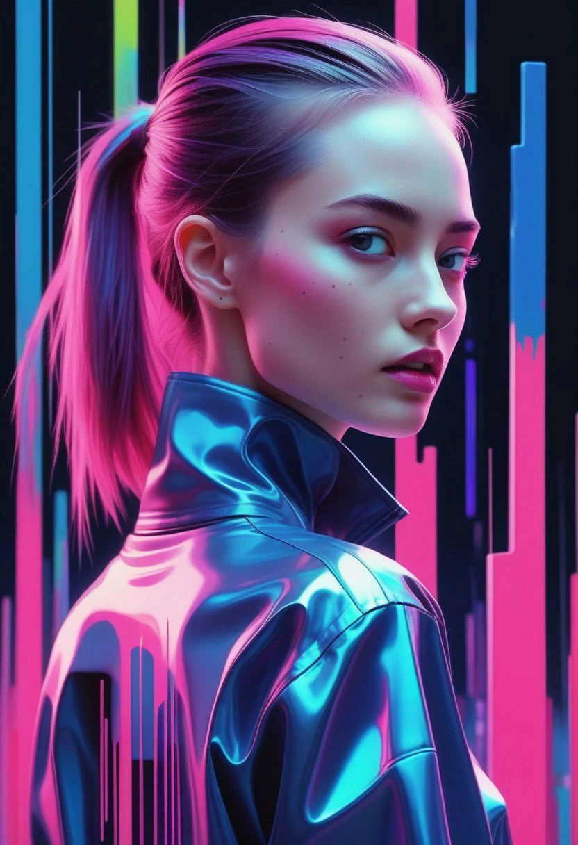 holographic, the matrix, abtract, Bone, Linen, Deep Pink, Chambray Blue, multicolor, glowing, bright, sharp, decontruction, glitch, art, digital painting, young woman, cute, cutesy, wide shot, Macro,