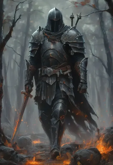 digital painting, 8K, hi-resolution, 1man, mature man, knight heavy armor, very intricate, chestplate, black pauldrons, silver armor, eyes that gaze, black short hair, belt, ((long braided hair)), blood stains, ((hood)), torn cape, muscular body, sitting on a pile of skulls, muscular legs, legs armor, walking towards viewer looking down, beautiful face, dirty face, scar, flying ash, claymore, lines<lora:oneimage5:8:8:lbw=SDXL_OUTALL> indescribable,mysterious smoky forest on fire at the beginning of reality, dynamic pose.