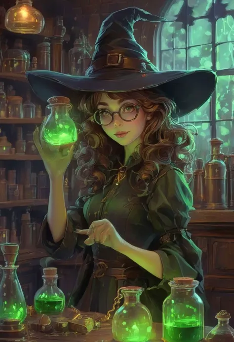 digital painting, 8K, hi-resolution, witch, brown, curly hair, witch hat, glasses, nerd, dorky, 
checked dress, green eyes,  glowing potions, potions in round-bottom flasks, holding round-bottom flasks, Alchemy room, robes, fantasy, small breasts,, lines<lora:oneimage5:8:8:lbw=SDXL_OUTALL>