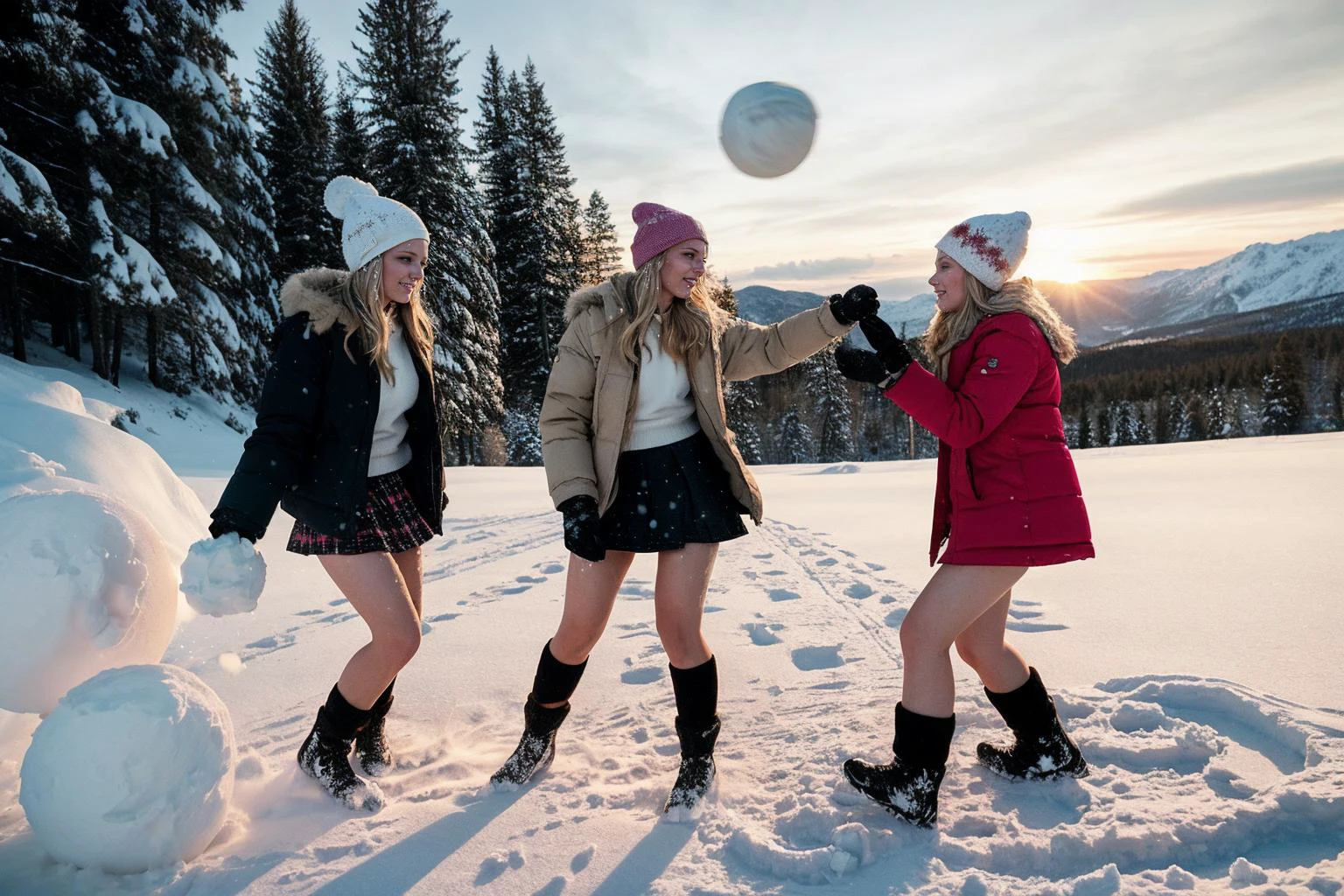 Photography, full frontal shot, sunset on the snowy mountains, photo of three blonde women, smiling, half naked, open parka, winter hat, high socks, (skirt), flexible, flashing, nsfw, wind, snow, speed, glossy skin, oily skin, sharp focus, stark lighting, medium-format camera, emphasizing high fashion, dramatic lighting, fashion photography BREAK ca39mv6-110