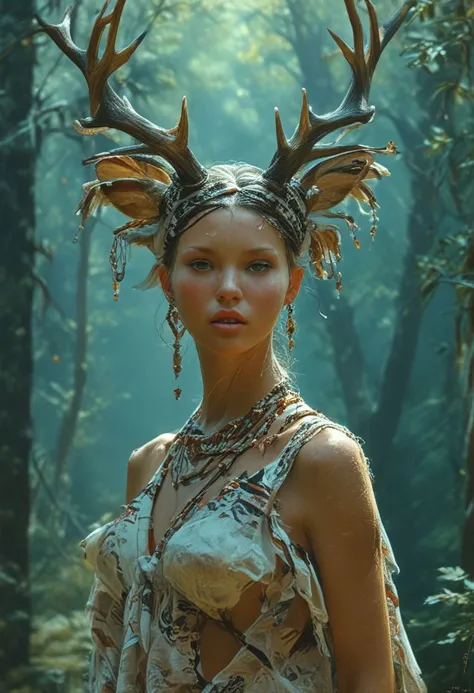 Super Close Up shot, The most beautiful fantastic creature of the world, female, deer antlers, mythological, she wears a tribal loincloth, at the forest, top light, at day, forest background, ultra detailed, a hyperrealistic painting by Aleksy Briclot, Jeff Simpson, Rembrandt, Paul Reid, Roberto Ferri