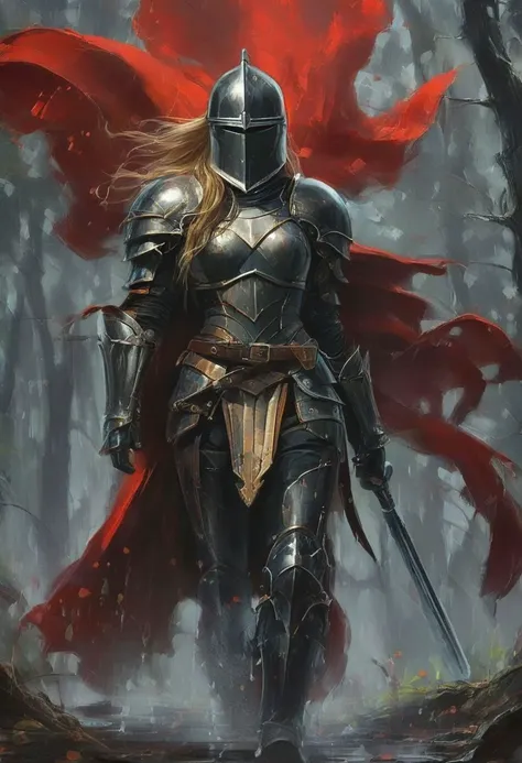 digital painting, 1girl, mature woman, knight armor, armor helmet partially covering face, chestplate, black armor, blonde long hair, long hair braids, red cape, thicc figure, from below, medium breasts, long legs, legs armor, wet armor, beautiful face lines<lora:oneimage5:8:8:lbw=SDXL_OUTALL> indescribable,mysterious scifi smocky forest at the beginning of reality