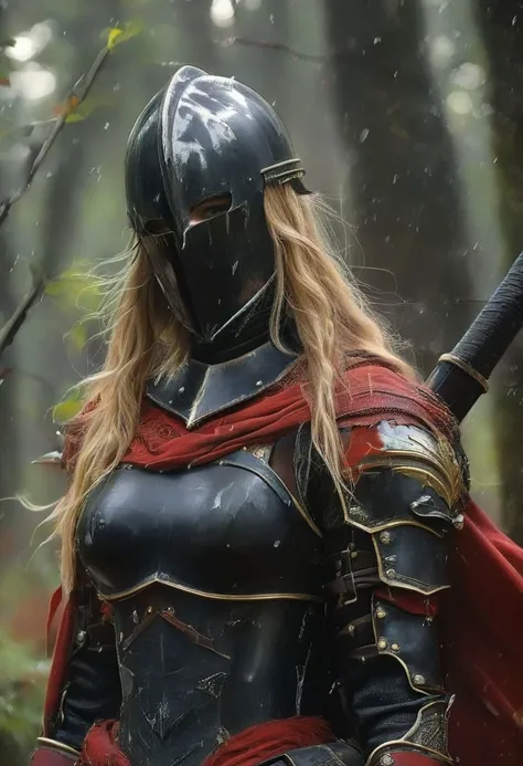 digital painting, 1girl, mature woman, knight armor, armor helmet partially covering face, chestplate, black armor, blonde long hair, long hair braids, red cape, thicc figure, from below, medium breasts, long legs, legs armor, wet armor, beautiful face lines<lora:oneimage5:8:8:lbw=SDXL_OUTALL> indescribable,mysterious scifi smocky forest at the beginning of reality