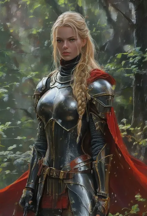 digital painting, 1girl, mature woman, knight armor, armor helmet partially covering face, chestplate, black armor, blonde long hair, long hair braids, red cape, thicc figure, from below, medium breasts, long legs, legs armor, wet armor, beautiful face lines<lora:oneimage5:8:8:lbw=SDXL_OUTALL> indescribable,mysterious scifi smocky forest at the beginning of reality