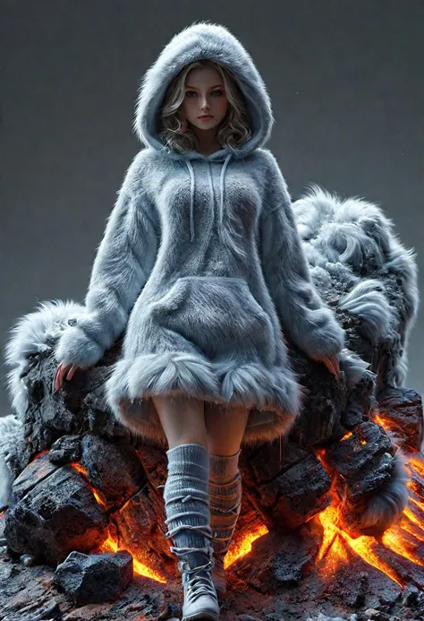 Best quality, high detail, ultra high resolution, true skin texture, original photo, highly realistic, 1girl, photograph of a 20 year old female model wearing flurry fashion, long curled hair, (flurry hoody, flurry stockings:1.2), (ral-fluff:1.5), (size D breasts:0.8), full body shot. model pose, dark scene, stone floor made from crackedmagma, hyperrealism, Landskaper, ca39mv6-110