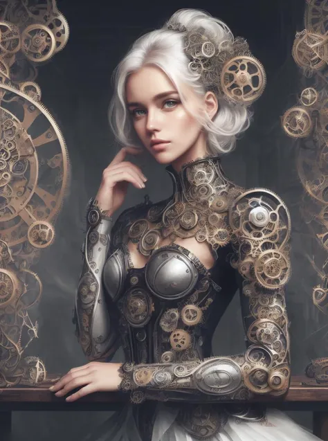 illustartion,digital art,portrait,1girl,supermodel, posing, amazing body, beautiful face, short white hairs, suit, gears, mechanisms, springs, complex room background <lora:ClockworkFashion:0.65> ClockworkFashion,8k uhd, high quality, (intricate details:0.9), (hdr, hyperdetailed:1.2),[cory loftis, strobist, pascal campion::0.2]