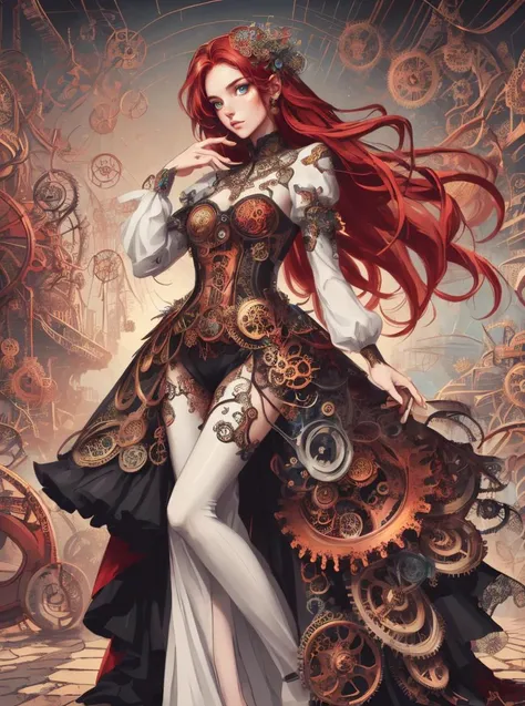 illustartion,digital art,full body shot,1girl,supermodel, posing, amazing body, beautiful face, long red hairs, long dress, gears, mechanisms, springs, complex garage background <lora:ClockworkFashion:0.65> ClockworkFashion,8k uhd, high quality, (intricate details:0.9), (hdr, hyperdetailed:1.2),[cory loftis, strobist, pascal campion::0.2]