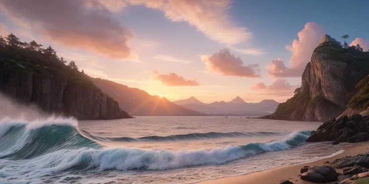 cloud, coral, day, fantasy, fish, lake, landscape, mountain, no_humans, ocean, outdoors, river, scenery, sky, splashing, water, watercraft, waves, ultra realistic, photorealistic, sea, ocean, (reflection), (ray tracking), (unreal engine), (sunset)