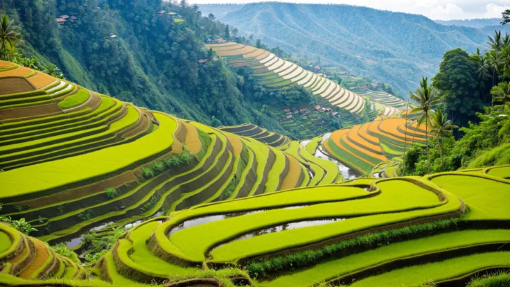 Serene Rice Terraces: Marvel at the terraced rice fields of Bali, Indonesia, where lush green paddies cascade down hillsides, creating a peaceful and captivating agricultural landscape