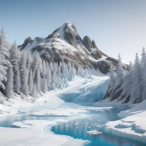 icy mountain, snow cap, glacier, photorealistic, trees, a frozen lake, ice, 8k resolution, best render, 3d render, unreal engine, best ray tracking, best shadow, best image depth, (((vector art)))
