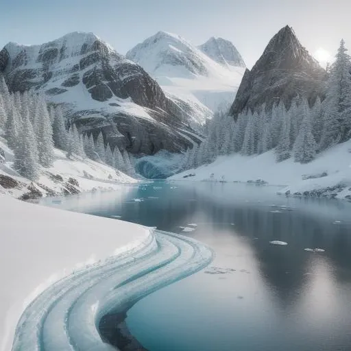 icy mountain, mountainous, snow cap, glacier, photorealistic, trees, a frozen lake, ice, 8k resolution, best render, 3d render, unreal engine, best ray tracking, best shadow, best image depth
