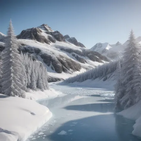 icy mountain, mountainous, snow cap, glacier, photorealistic, trees, a frozen lake, ice, 8k resolution, best render, 3d render, unreal engine, best ray tracking, best shadow, best image depth