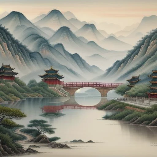 beautiful Chinese Landscape Art, best quality, intricate, (water colors), muted colors