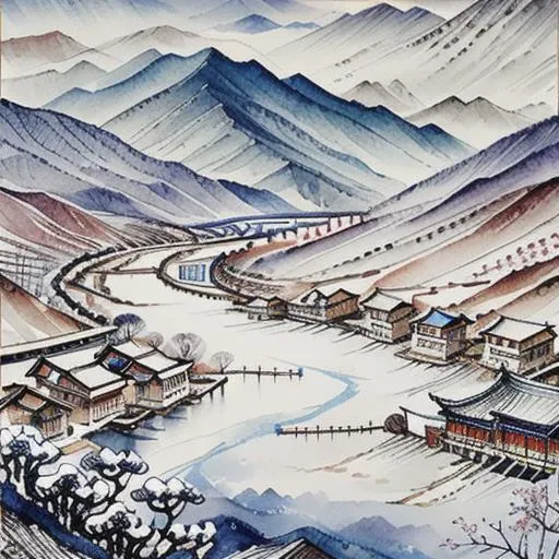 beautiful Chinese Landscape Art, best quality, intricate, (water colors), muted colors, blue sky,  <lora:pensketch_without_pen_lora:1>