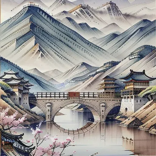 beautiful Chinese Landscape Art, best quality, intricate, (water colors), muted colors, blue sky, <lora:pensketch_without_pen_lora:1>