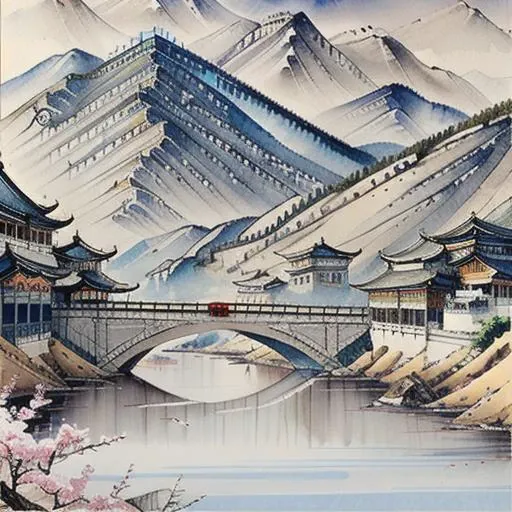 beautiful Chinese Landscape Art, best quality, intricate, (water colors), muted colors, blue sky,  <lora:pensketch_without_pen_lora:1>