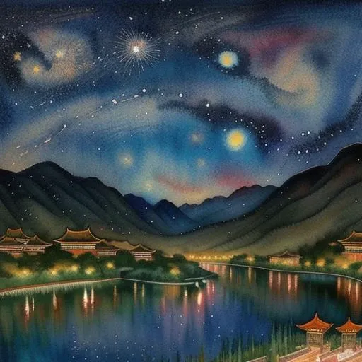 beautiful Chinese Landscape Art, best quality, intricate, (water colors), muted colors, starry night sky,