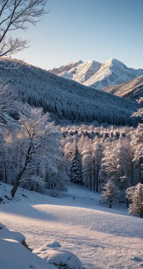 RAW photo, winter landscape, mountains, trees, 8k uhd, dslr, soft lighting, high quality, film grain, Fujifilm XT3, <lora:add_detail:0.6>,