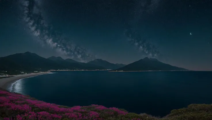 ((masterpiece:1.4,best quality)), cloud, outdoors, (ocean:1.6),bloom, sparkle, ( mountain line in background:1.2), open sea,
scenery, sky,
(night:1.4), moon, moonlight, high detail, abundant, 8k, high detail, wallpaper