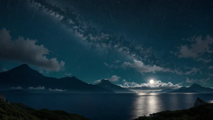 ((masterpiece:1.4,best quality)), cloud, outdoors, (ocean:1.6),bloom, sparkle, ( mountain line in background:1.2), open sea,
scenery, sky,
(night:1.4), moon, moonlight, high detail, abundant, 8k, high detail, wallpaper