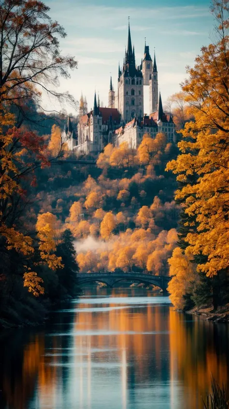 a profestional picutre of  Sárospatak, Hungary: Sárospatak, along the Bodrog River, dons autumn elegance with its medieval castle, Baroque churches, and riverside promenades bordered by trees ablaze in red and gold. ,
wide angle, landscape , 
photorealism,unreal 5 daz, extremely detailed ,((ultrasharp)),((masterpiece)),((best quality)),((ultradetailed)),((intricated details)), extremaly detailed background, <lora:add_detail:0.7> ultra realistic,32k,RAW photo, 8k ,dslr,soft lighting,high quality,film grain, beautiful and aesthetic,extremely detailed, natural shadows,