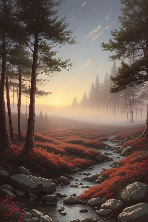 deep in a red tinted pine forest at dusk, foggy, ground view, matte painting, rocky, waterfall in distance, stunning detail, 4k, hd, clean, full of detail, sharp focus, rule of thirds by Makoto Shinkai, thomas kinkade, Karol Bak, trending on artstation