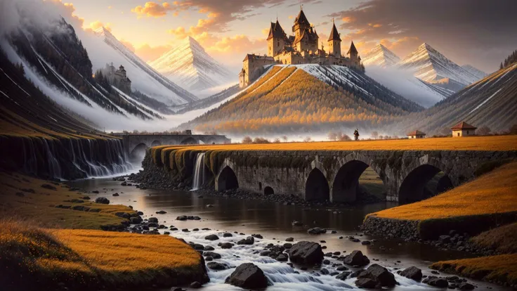 excellent oil painting of a mountain landscape in autumn,vibrant colors,powerfull style with epic dramatism,small willage,young passants and cows,river and lake, dark vampire castle in mountian peak, best quality,maximum quality,intricate details,ultrasahrp,ambient oclusion,realistic shadows,art by Bastien Lecouffe Deharme,8k,oil art,<lora:add_detail:1> <lora:royta v1.1:0.4>,
