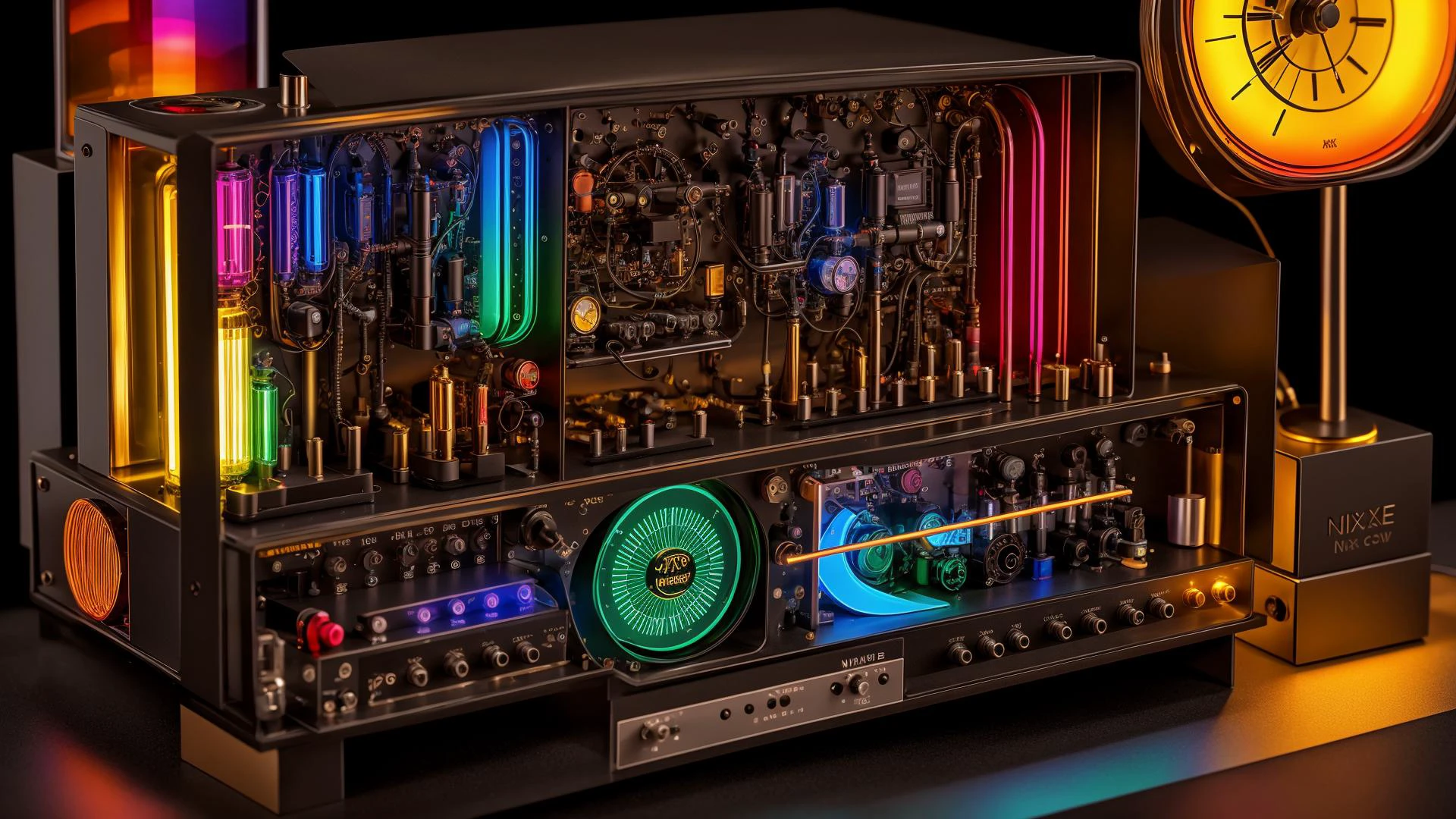 solid black background, nixie tube clock-radio, rainbow colors, 8k hdr, high quality, extremely detailed, hyperrealistic,