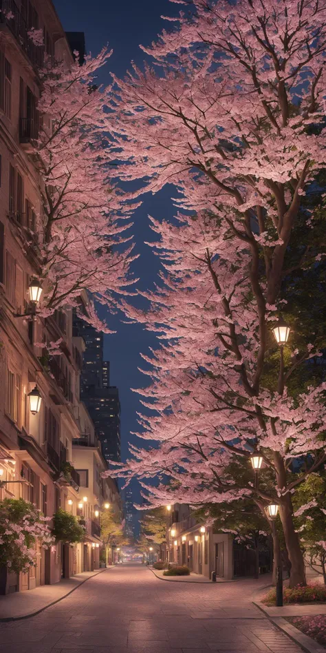 RTX, ray tracing, most detail, colorful, finely detailed, masterpiece, best quality, ultra-detailed, glowing light, (detailed background, complex background:1.2), night, cherry blossoms, detailed, most detail, park
