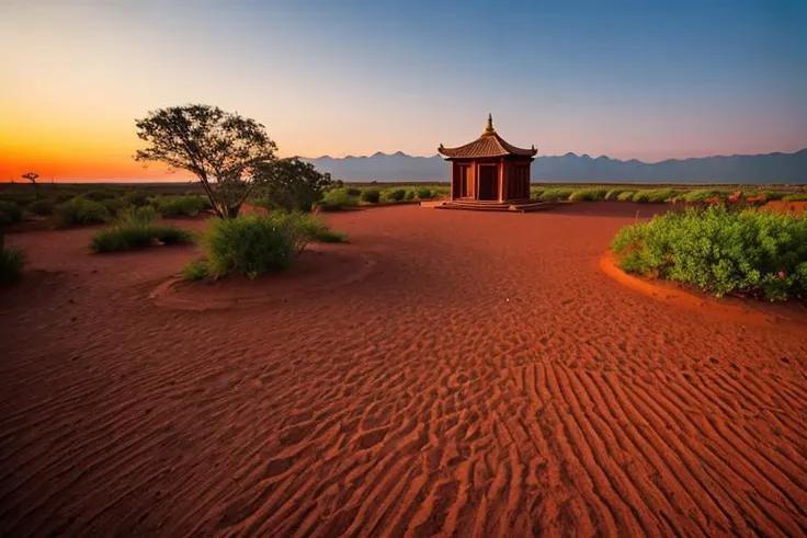 A old temple in a strange planet, dim light, rings, sunset, red soil, footprints,