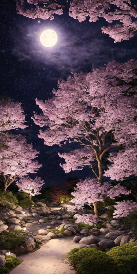 <lora:add_detail:1>masterpiece, extremely detailed, prefect quality, most detail, ray tracing, 8k, purple cherry blossoms, japanese garden, peaceful, night, full moon, stars, 1 frame, purple theme