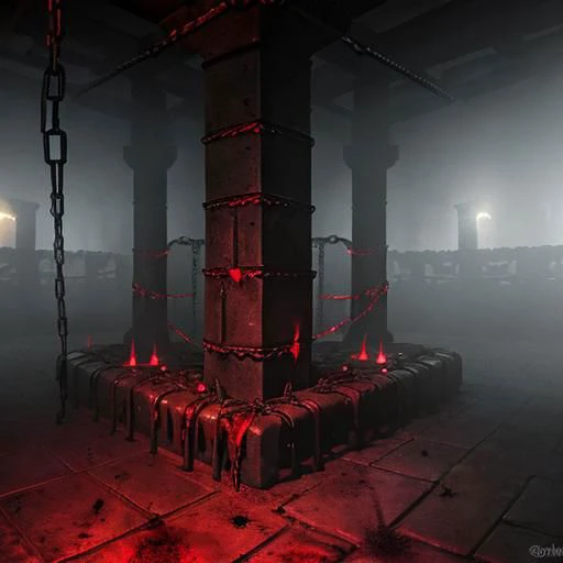 Capture the essence of a dark, scary dungeon (dungeon:1.3), being barely illuminated by the light trough the mist (mist:1.3). Chains and torture devices (chains:1.3), covered with blood (blood:1.4). 4k, realistic. Best quality, clear picture.