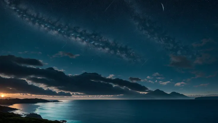((masterpiece:1.4,best quality)), cloud, outdoors, (ocean:1.6),bloom, sparkle, ( mountain line in background:1.2), open sea,
scenery, sky,
(night:1.4), moon, moonlight, high detail, abundant, 8k, high detail, wallpaper