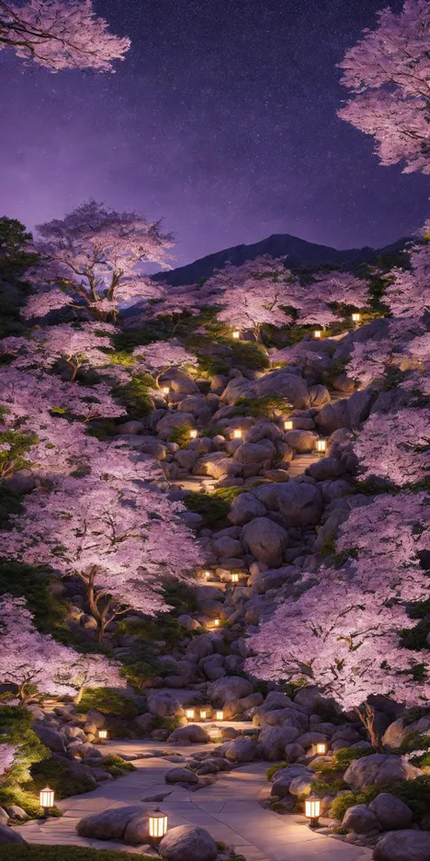 <lora:add_detail:1>masterpiece, extremely detailed, prefect quality, most detail, ray tracing, 8k, purple cherry blossoms, japanese garden, peaceful, night, full moon, stars, 1 frame, purple theme
