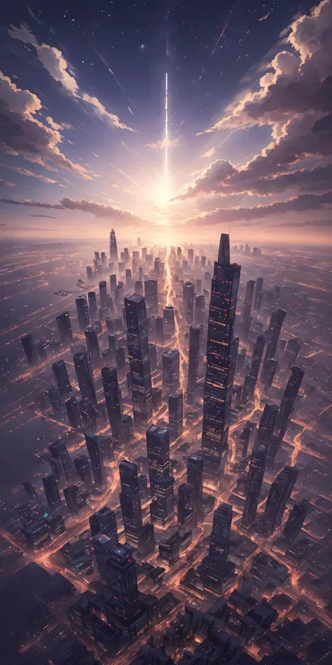 , masterpiece, best quality, ultra-detailed, 8k, top quality, extremely detailed, high resolution, 4k, ultra high resolution, detailed shadows, perfect light and shadow, concept art, 5d, 16k, super-resolution, anime style, vibrant, studio anime, highly detailed, global illumination, epic composition, epic proportion, hd, panoramic, extreme detailed eyes, depth of field, volumetric lighting, reflection, highest detailed, finest detail, intricate, ( <lora:Skyline I:0.7>, sky, midnight, busy urban city, utopia, dreamlike, dream, wonderful sky, skyscrapers, straight buildings)