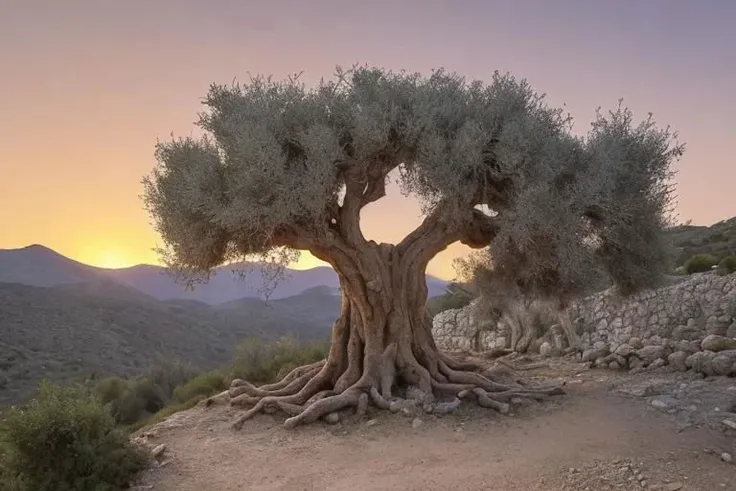 an ancient olive tree, the thousands of years are visible in its trunk and brunches, standing in the middle of a valley, steep mountains in the background, the ground covered with thyme and oregano bushes, photo realistic, warm colors of the sunset behind the camera