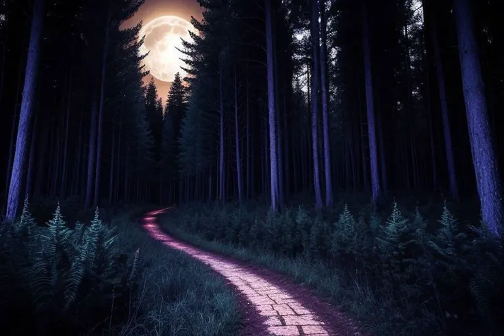 background spooky night forest clearing full moon, (masterpiece:1.5), (best quality:1.5), (intricate details:1.5), (sharpen details), Saturated, deep color