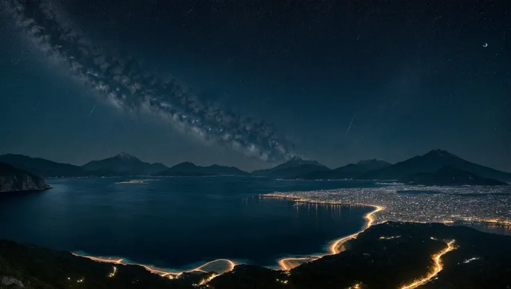 ((masterpiece:1.4,best quality)), cloud, outdoors, (ocean:1.6),bloom, sparkle, ( mountain line in background:1.2), open sea,
scenery, sky,
(night:1.4), moon, moonlight, high detail, abundant, 8k, high detail, wallpaper