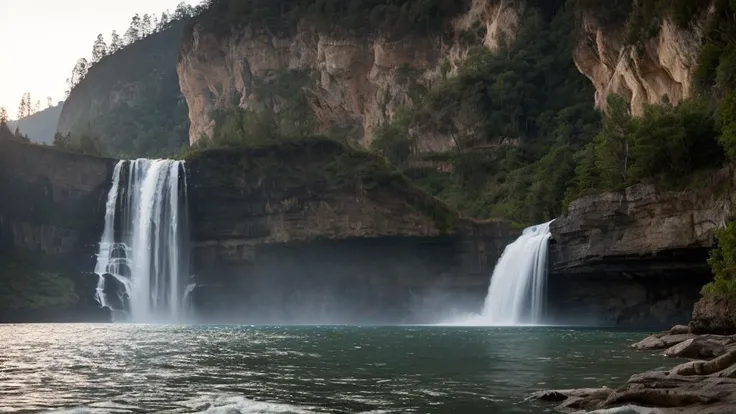 cinematic film still waterfall flowing over a giant cliff, HDR, 8K, shallow depth of field, vignette, highly detailed, high budget Hollywood film, bokeh, cinemascope, moody, epic, gorgeous, film grain