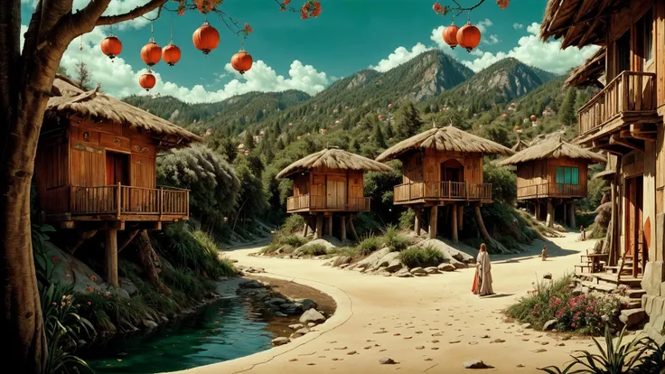 a profestional picutre of Serenity Falls: A serene and picturesque village nestled in the heart of a lush forest. The houses are made of timber and stone, adorned with colorful flowers and hanging lanterns. <lora:jodorowsky_Dune style:1> wide angle, landscape , photorealism,unreal 5 daz, extremely detailed artgerm greg rutkowski greg,((ultrasharp)),((masterpiece)),((best quality)),((ultradetailed)),((intricated details)), extremaly detailed background, <lora:add_detail:0.7> ultra realistic,32k,RAW photo, 8k uhd,dslr,soft lighting,high quality,film grain, beautiful and aesthetic,extremely detailed, natural shadwos,