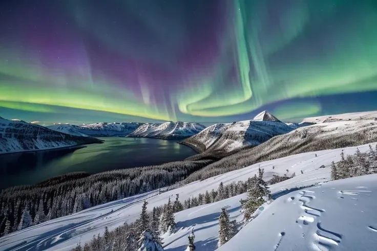 Capture the mesmerizing beauty of the Northern Pole under the enchanting glow of the Northern Lights. (Snow-covered landscape:1.2), (vibrant colors:1.3), (majestic mountains:1.1), (crisp air:1.2), (magical atmosphere:1.1). 4k, realistic, clear picture (4k:1.3).