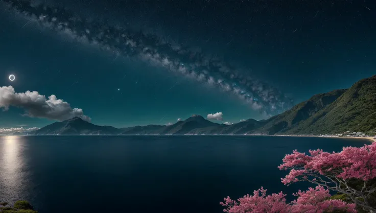 ((masterpiece:1.4,best quality)), cloud, outdoors, (ocean:1.6),bloom, sparkle, ( mountain line in background:1.2), open sea,
scenery, sky,
(night:1.4), moon, moonlight, high detail, abundant, 8k, high detail, wallpaper